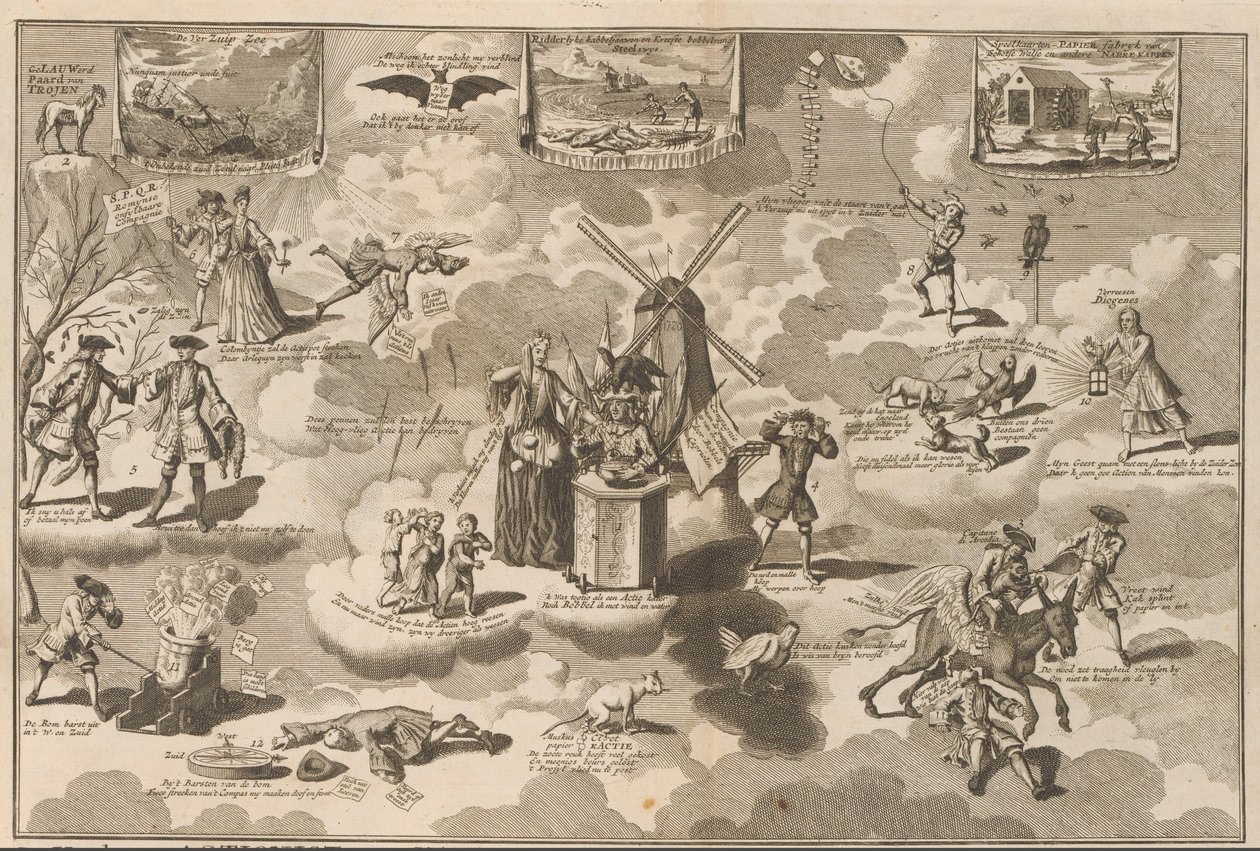 A legyőzött akcionista a csengőszékben, 1720 A Legyőzött Akcionista a székben Rinkelekkel, a Lauwerd trójai faló meggyőzte (cím a tárgyon) A bolondság nagy jelenete (sorozat címe) alkotó: Anonymous