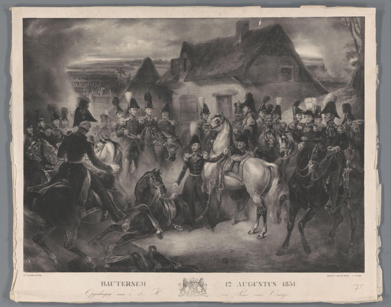Orániai herceg (később II. Vilmos király) sérült lovának cseréje a boutersemi csata során, 1831. augusztus 12. Bautersem 1831. augusztus 12. (cím a tárgyon) alkotó: Anonymous