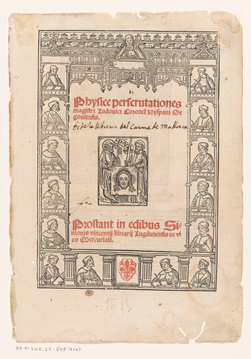 Dekoratív keret tizenöt tudóssal Címlap ehhez: Luis Coronel, Physice perscrutationes, 1511 alkotó: Anonymous