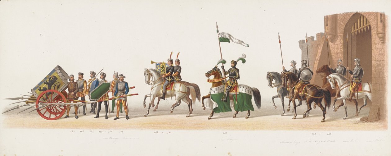 1873-as delfti körmenet (tizedik tányér) A Delfti Diáktestület tagjai által 1873. július 8-án tartott jelmezes körmenet, amely Karel van Egmondnak, Gelre hercegének, Zutphen grófjának Arnhembe 1492-ben történt bevonulását ábrázolja (t sorozat) alkotó: Anonymous