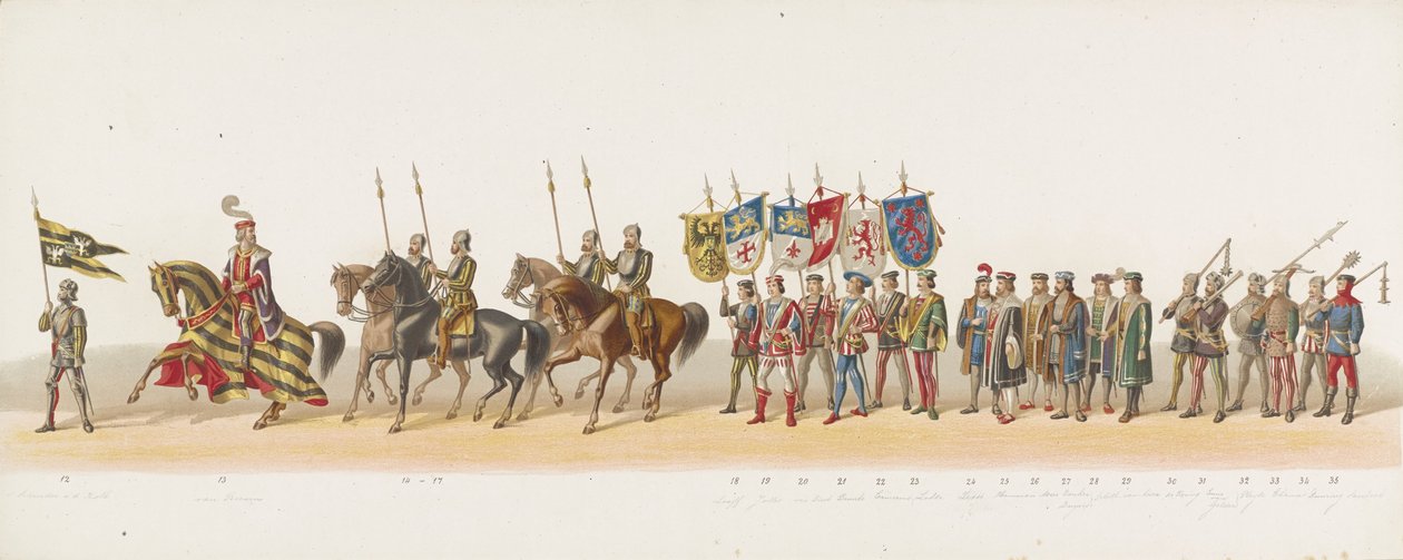 1873-as delfti körmenet (második tábla) A Delfti Diáktestület tagjai által 1873. július 8-án tartott jelmezes körmenet, amely Karel van Egmondnak, Gelre hercegének, Zutphen grófjának Arnhembe 1492-ben történt bevonulását ábrázolja (t sorozat) alkotó: Anonymous