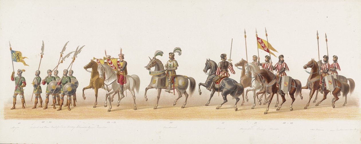 1873-as delfti körmenet (negyedik tábla) A Delfti Diáktestület tagjai által 1873. július 8-án tartott jelmezes körmenet, amely Karel van Egmondnak, Gelre hercegének, Zutphen grófjának Arnhembe 1492-ben történt bevonulását ábrázolja (t sorozat) alkotó: Anonymous
