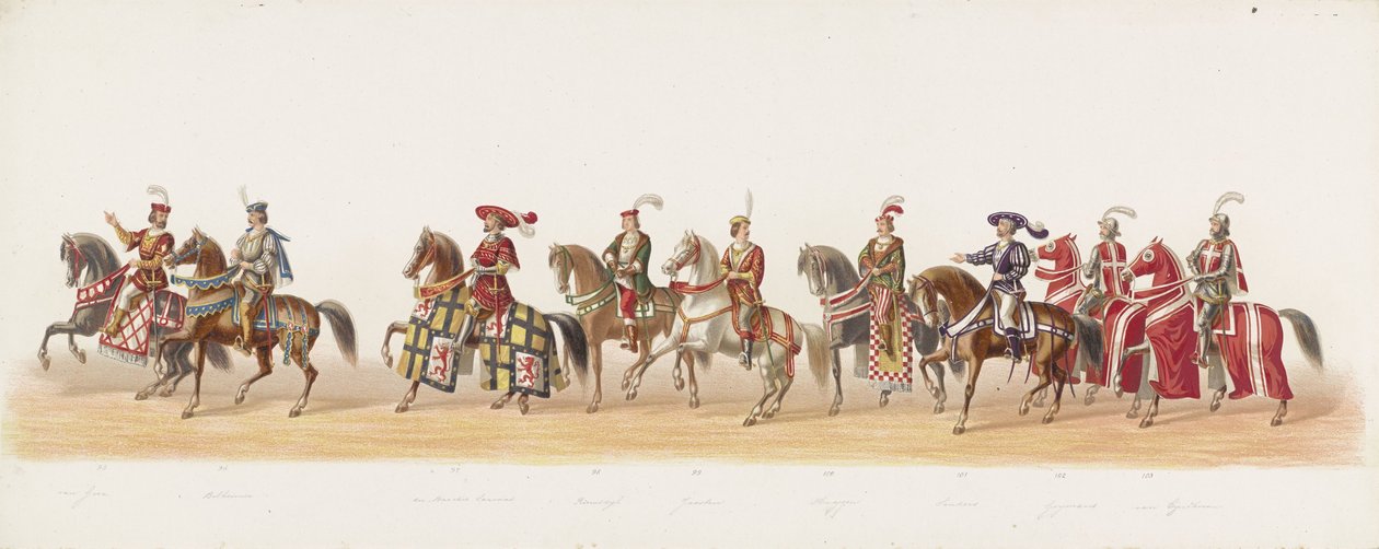 1873-as delfti körmenet (hetedik tányér) A Delfti Diáktestület tagjai által 1873. július 8-án tartott jelmezes körmenet, amely Karel van Egmondnak, Gelre hercegének, Zutphen grófjának Arnhembe 1492-ben való bevonulását ábrázolja (sorozat) alkotó: Anonymous