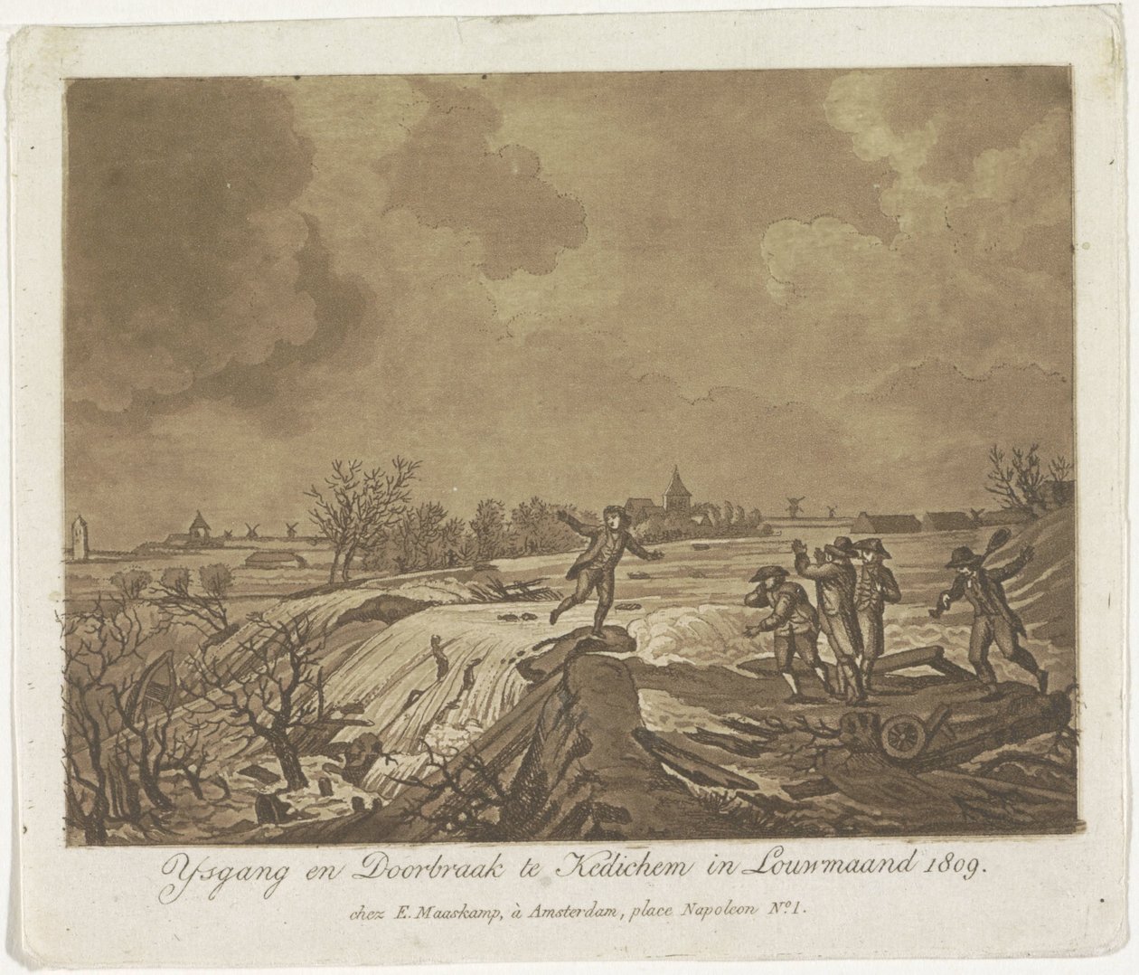 Gátszakadás Kedichemben, 1809 Ysgang és Doorbraak te Kedichem in Louwmaand 1809 (cím a tárgyon) alkotó: Anonymous