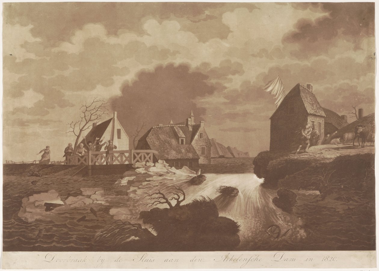 Az Arkel-gát átszakadása Gorinchem közelében, 1820 Áttörés a Sluis aan den Arkelsche-gátnál 1820-ban (cím a tárgyon) alkotó: Anonymous