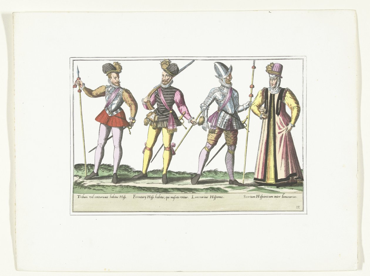 Három egyenruhás spanyol katona és egy marketinges, 1580 körül Katonai espagnol jelmezek (cím a tárgyon) alkotó: Anonymous