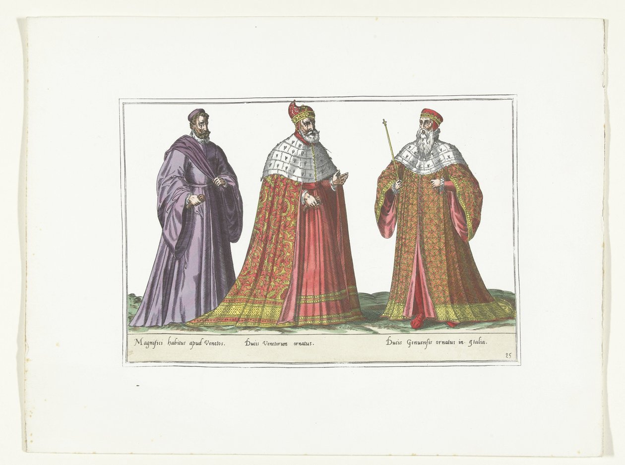 Három olasz divatba öltözött férfi, 1580 körül Costumes Italiens (cím a tárgyon) alkotó: Anonymous