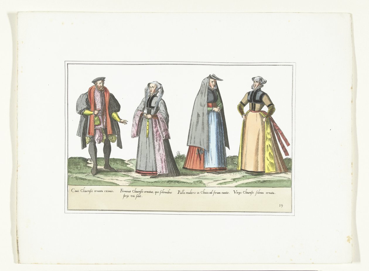Három nő és egy férfi német divatba öltözve, 1580 körül Jelmezek (cím a tárgyon) alkotó: Anonymous