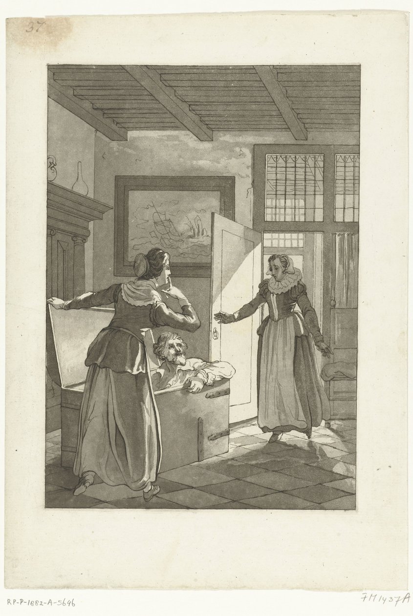 Elsje van Houweningen elkapja Hugo de Grootot a könyves ládában, 1621 alkotó: Anonymous