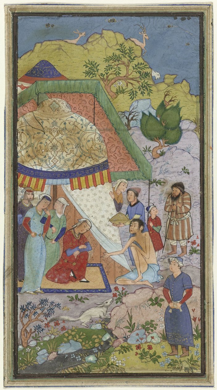 Epizód Laila és Majnun szerelmi történetéből, Majnun beszélget Lailával egy sátor előtt alkotó: Anonymous