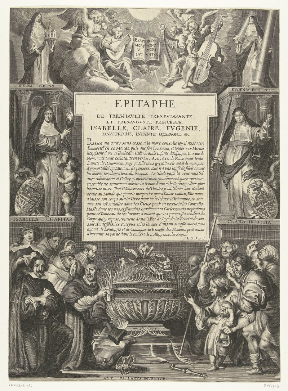 Epitaaf voor Isabella Clara Eugenia, 1633 Legnagyobb, leghatalmasabb és legaugusztusosabb hercegnő sírfelirata, Izabella, Claire, Eugenie, Ausztria, Infanta Spanyolország stb. (cím a tárgyon) alkotó: Anonymous