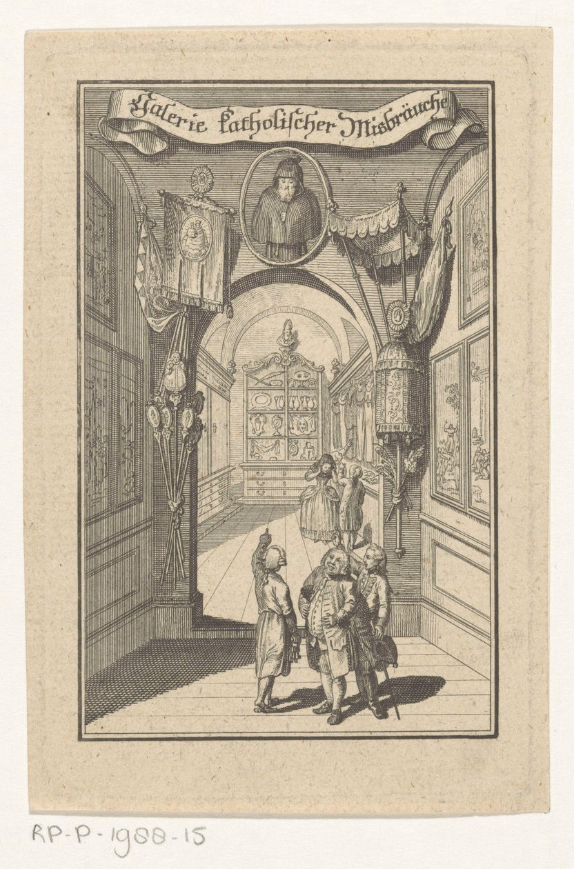 A galéria figurái liturgikus tárgyak portréjával találkoztak Katolikus bántalmazások galériája (cím a tárgyon) Címlap: Richter József, Katolikus visszaélések Képcsarnoka, 1784 alkotó: Anonymous