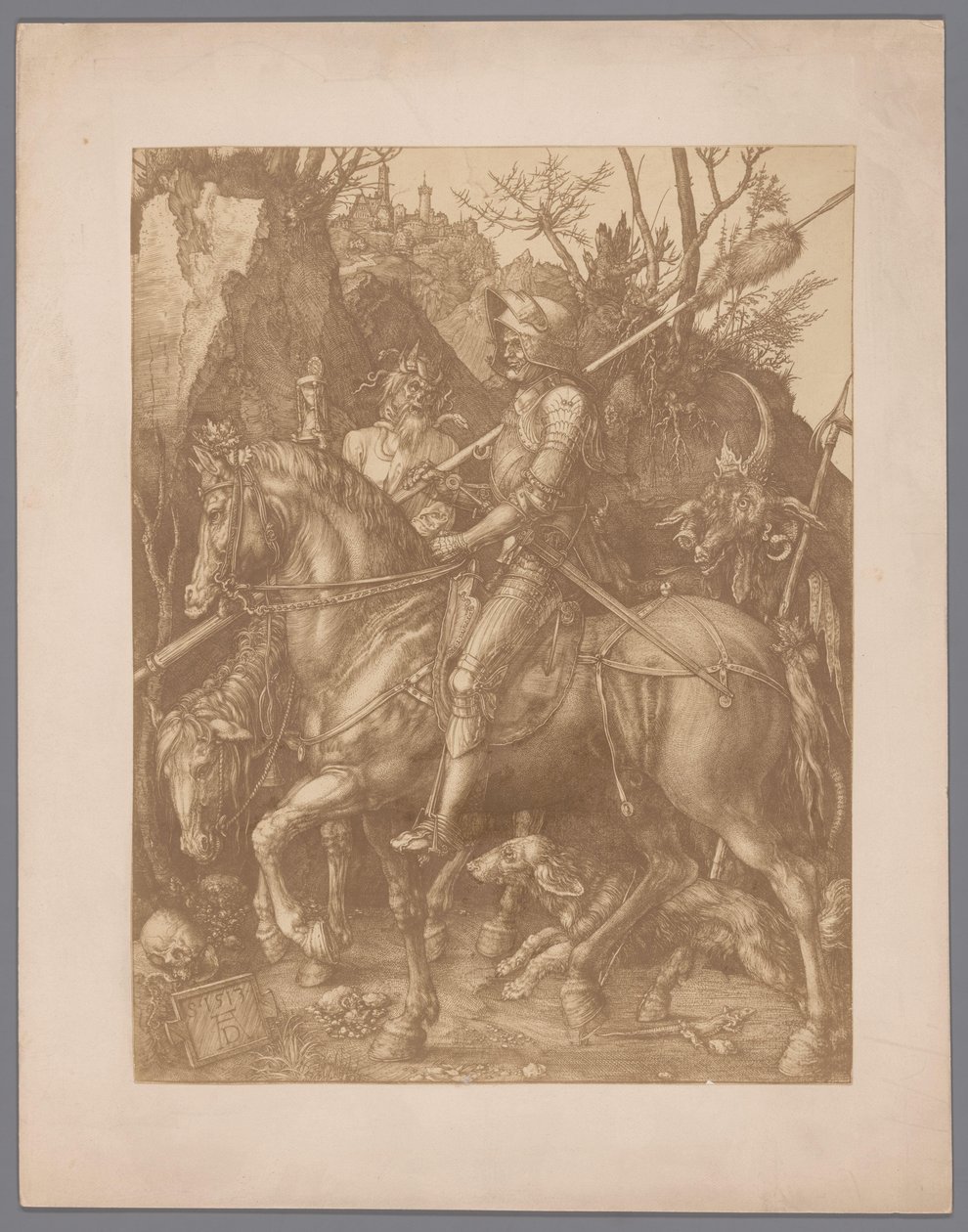 Albrecht Dürer Lovag, halál és ördög című metszet fotóreprodukciója alkotó: Anonymous