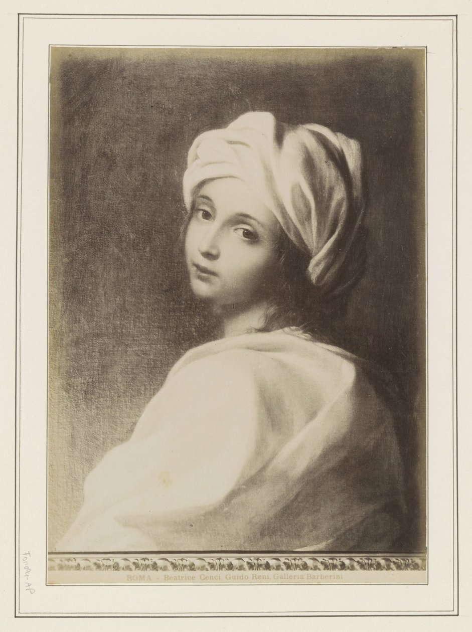 Guido Reni Beatrice Cencit ábrázoló festményének fotóreprodukciója (megjegyezve). ROMA – Beatrice Cenci, Guido Reni. Galleria Barberini (cím a tárgyon) alkotó: Anonymous