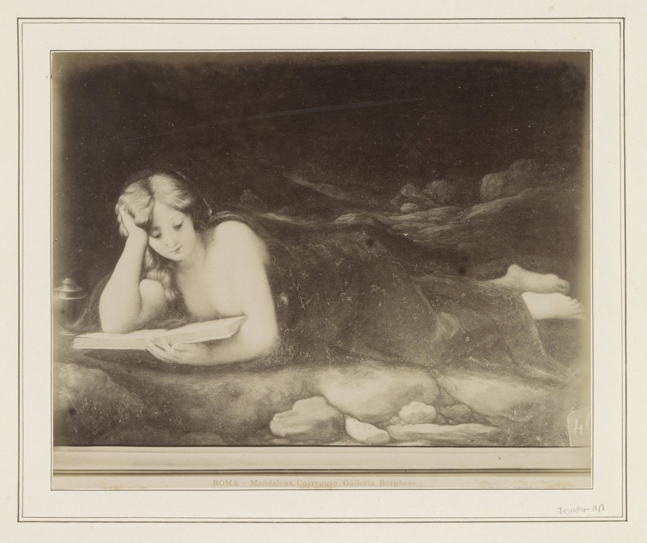 Antonio da Correggio festményének fotóreprodukciója, amely Mária Magdolna bűnbánatát ábrázolja ROMA – Maddalena Correggio, Galleria Borghese (cím a tárgyon) alkotó: Anonymous
