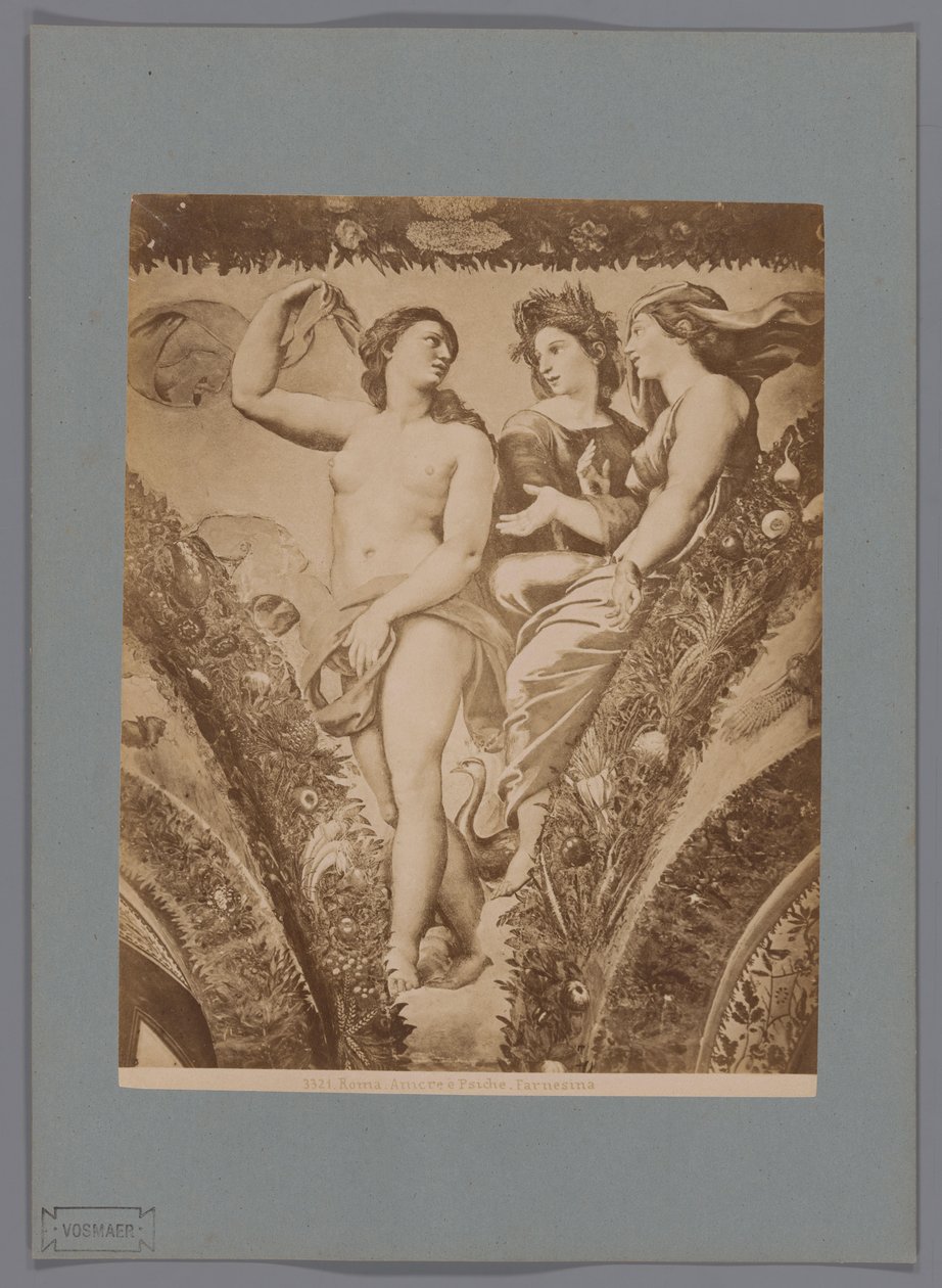 Az Amor en Psyche freskó fotóreprodukciója a Loggia di Psyche-ben, a Villa Farnesina Rómában Róma. Ámor és Psyche. Farnesina (cím a tárgyon) alkotó: Anonymous