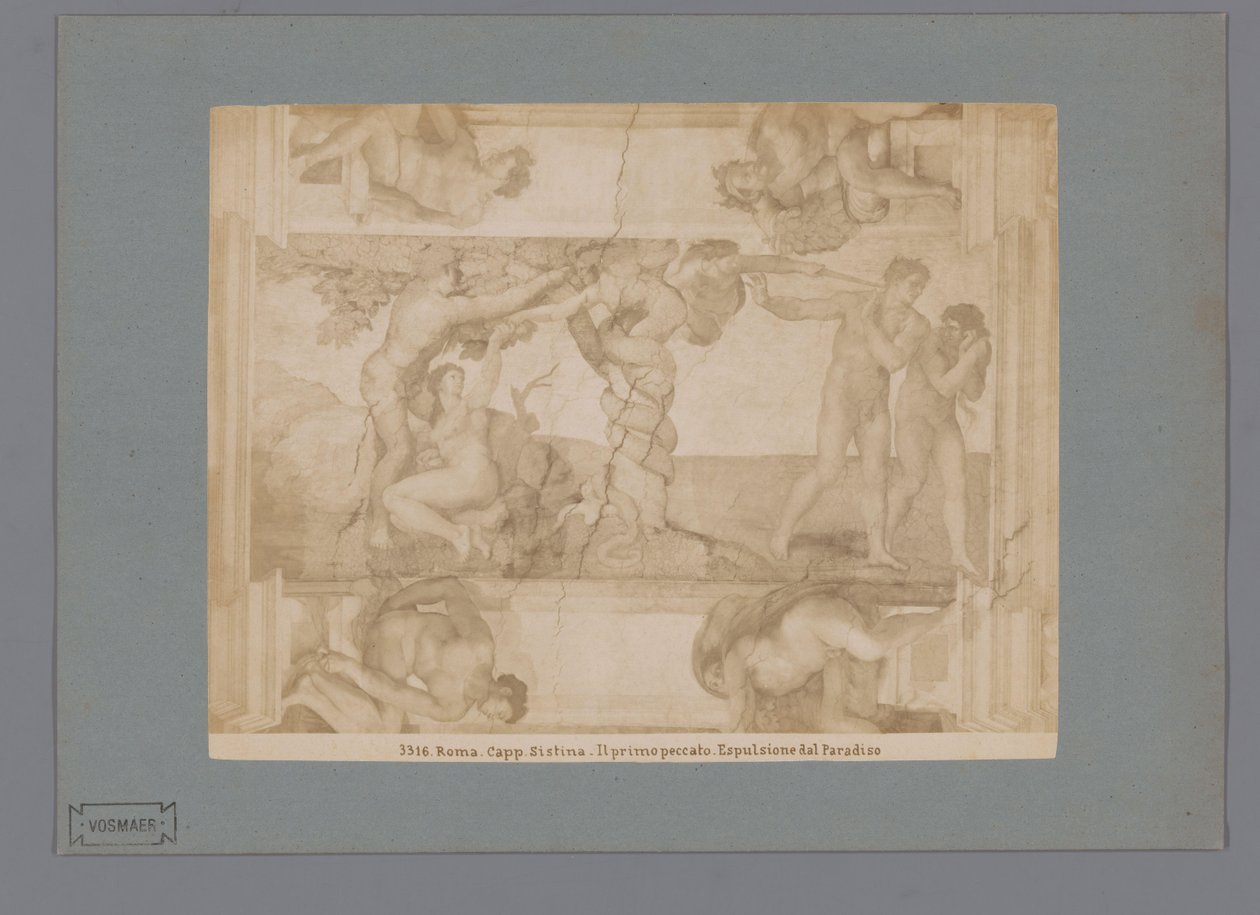 Michelangelo A bukás és kiűzetése a paradicsomból című freskó fotóreprodukciója a Sixtus-kápolnában Roma. capp. szistina. Il primo peccato. Espulsione dal Paradiso (cím a tárgyon) alkotó: Anonymous