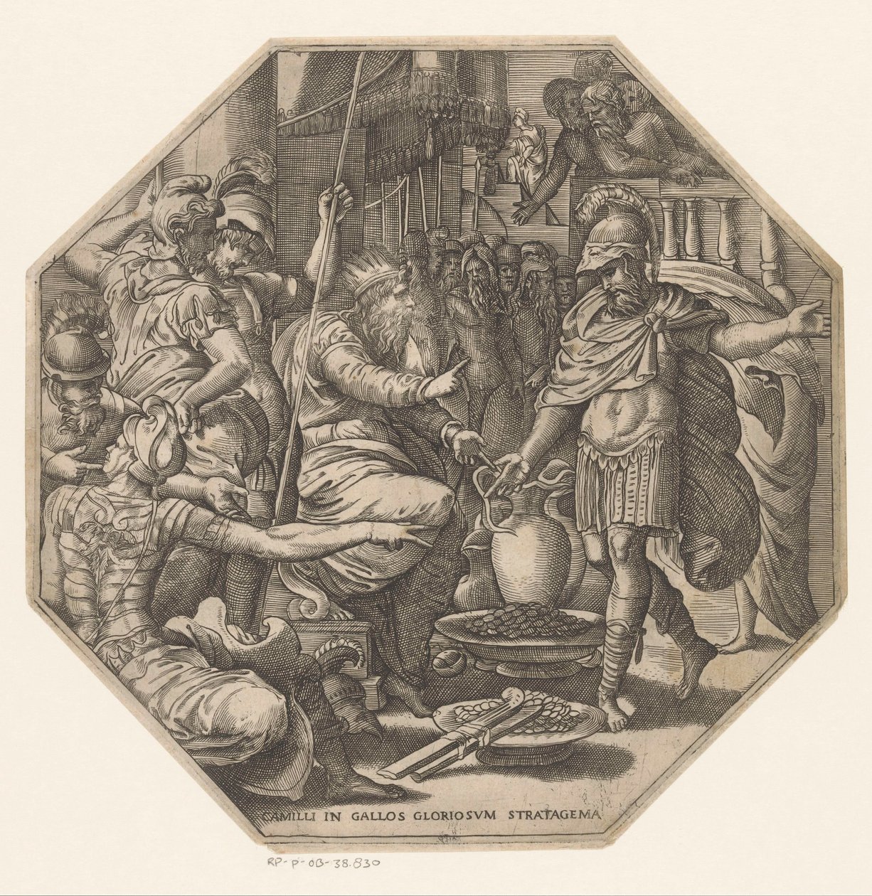 Furius Camillus voor een koning Camillus dicsőséges cselszövése a gallok ellen (cím a tárgyon) alkotó: Anonymous
