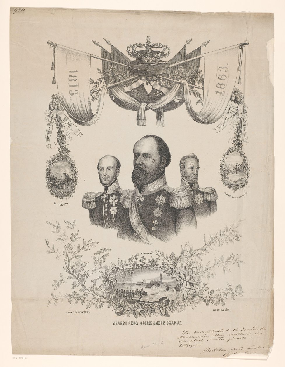 Emléktábla a holland 50. évforduló alkalmából I., II. és III. Vilmos király portréival Holland dicsőség a narancs alatt (cím a tárgyon) alkotó: Anonymous