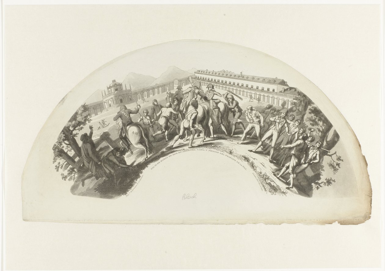 Manuel de Godoy elfogása a francia csapatok által Madridban 1808. március 19-én 19. dia. de Marzo de 1808. És Aranjuez. Caida y Prision del Principe de la Paz (cím a tárgyon) alkotó: Anonymous