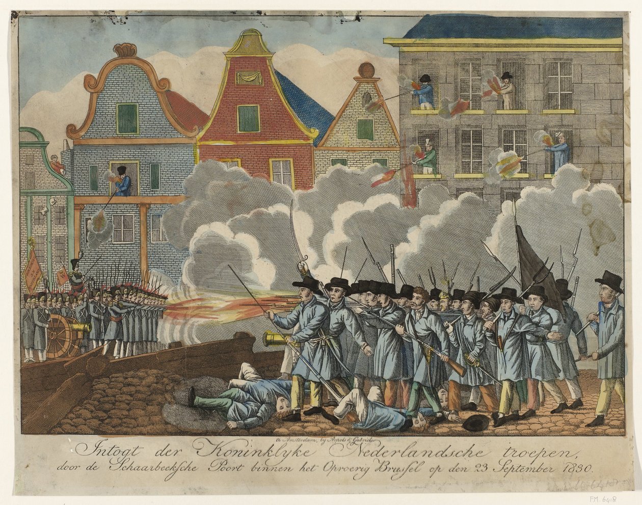 Harcok a brüsszeli Schaerbeeksi szegényben, 1830 Intogt der Royal holland csapatok a Schaerbeeksche Poorton keresztül a lázadó Brüsszelben 1830. szeptember 23-án (cím a tárgyon) alkotó: Anonymous
