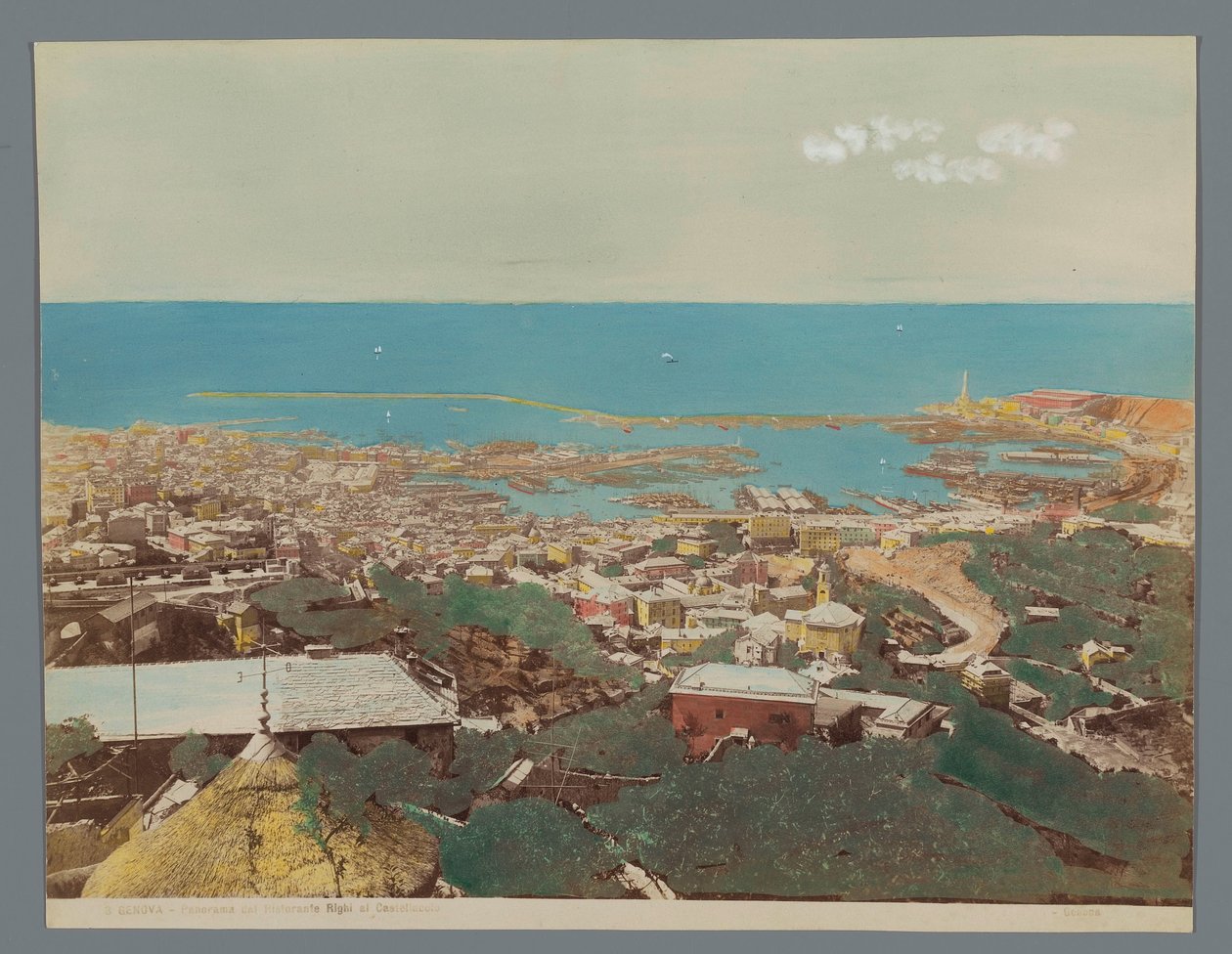 Kilátás Genovára és a Linguriai-tengerre, Olaszország Panoráma völgy Ristorante Righi al Castellaccio (cím az objektumon) Genova (sorozat címe az objektumon) alkotó: Anonymous