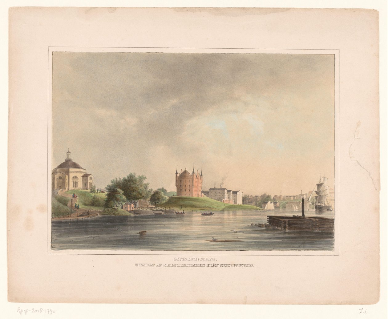 Kilátás a Skeppsholmenre és az Admiralitás-házra, Stockholmban Stockholm. Utsigt af Skeppsholmen fran Skeppsbron (cím a tárgyon) alkotó: Anonymous
