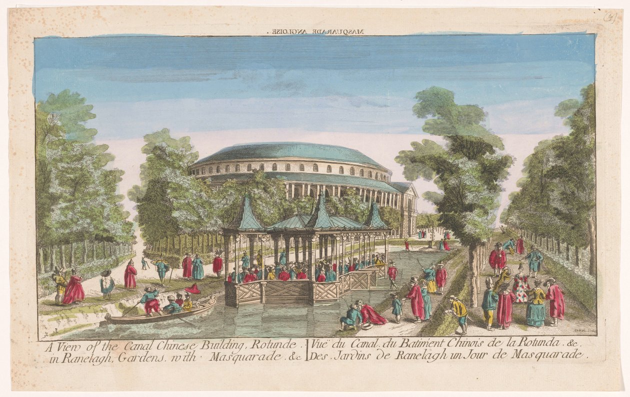 Kilátás a Rotundára és a kínai pavilonra a csatornán a londoni Ranelagh Gardens-ben álarcosbállal Kilátás a csatorna kínai épületére, Rotunde in Ranelagh, Gardens, masquarade. &c (cím az objektumon) alkotó: Anonymous