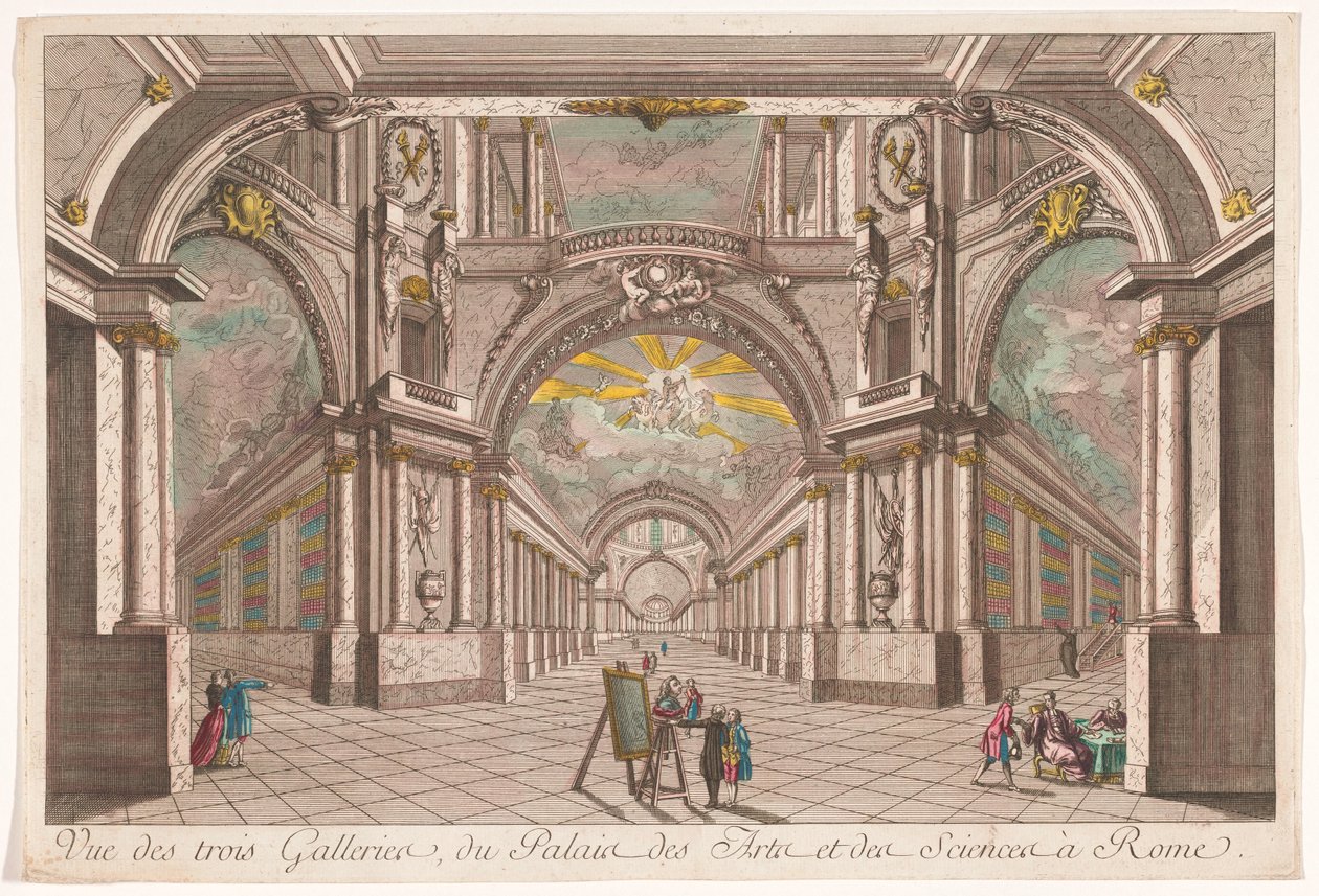 Kilátás a római Művészet és Tudomány Palotájának három galériájára Vue des trois galleries, du Palais des Arts et des Sciences à Rome (cím a tárgyon) alkotó: Anonymous