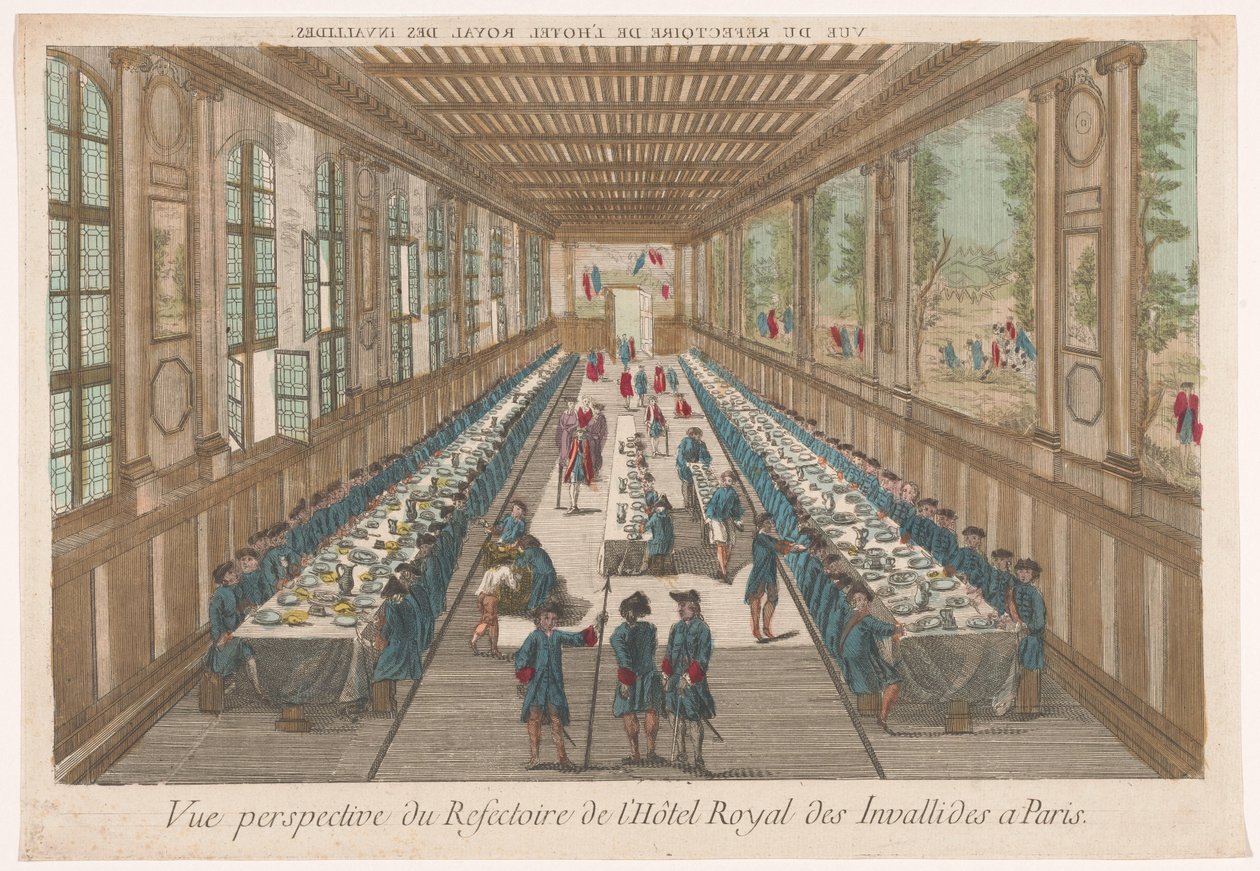 Kilátás a párizsi Hôtel des Invalides étkezőjére, egy csoport étkezés közben Vue perspective du refectoire de l