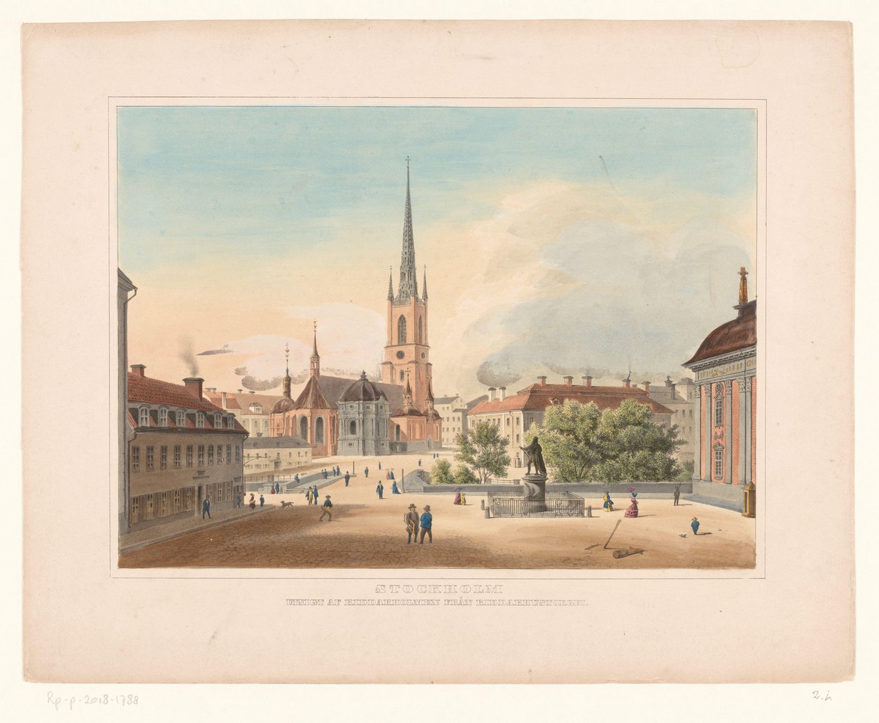 Kilátás a stockholmi Riddarholmen templomra Stockholm. Utsigt af Riddakholmen fran Riddarhustorget (cím a tárgyon) alkotó: Anonymous