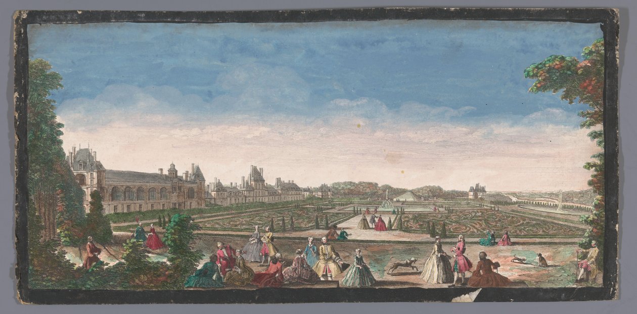 Gezicht op de tuin en het Palace of Fontainebleau Kilátás a Château de Fontainebleau egy részére és a parterre (cím a tárgyon) alkotó: Anonymous
