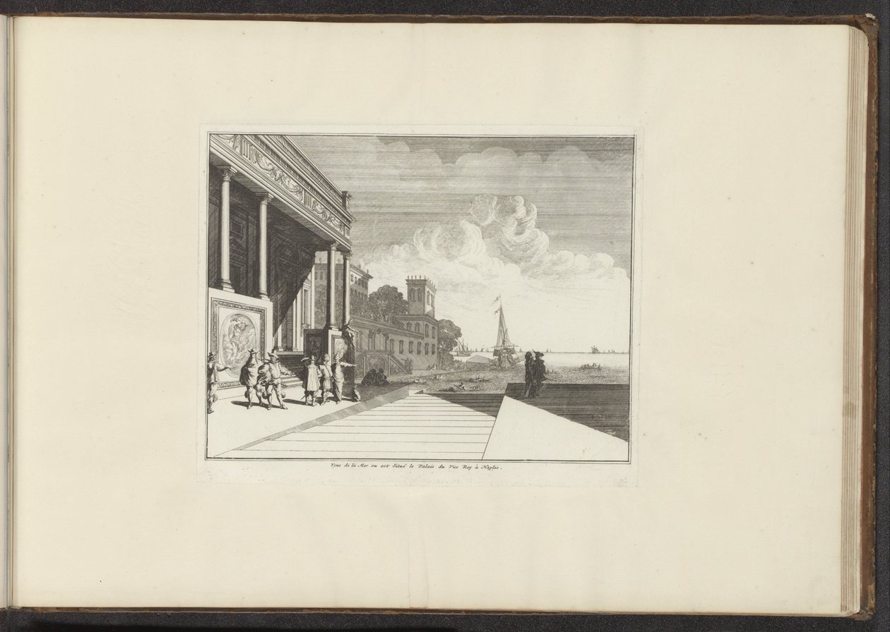Kilátás egy palotára a tengerparton Nápolyban Veue de la Mer ou est Situé le Palais du Vice Roy à Nápoly (cím a tárgyon) Paloták és műemlékek Velencében, Livornóban, Nápolyban és Rómában (sorozat címe) alkotó: Anonymous