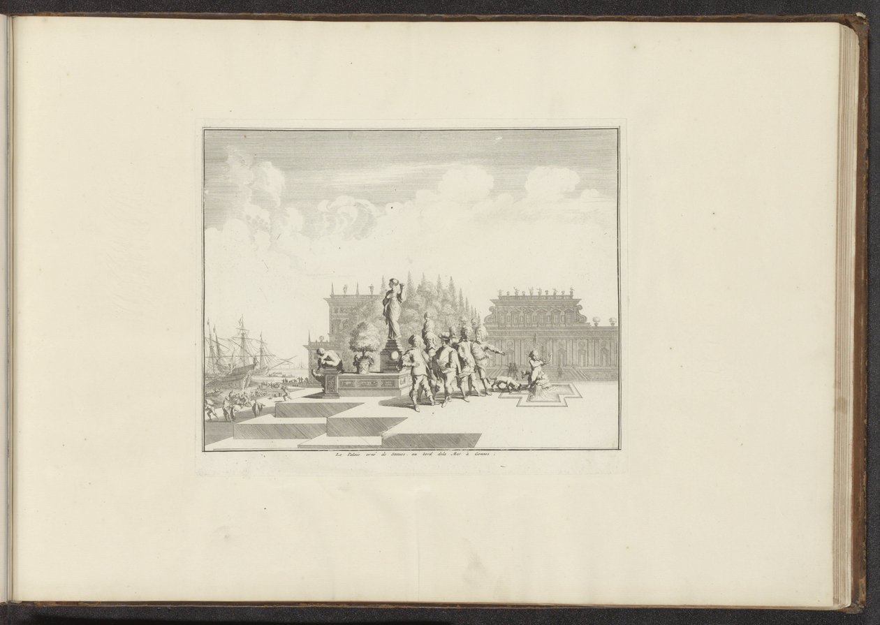 Kilátás a palotára és a szobrokra a genovai vízparton Le Palais orné de Statues, au bord dela Mer à Gennes (cím a tárgyon) Paloták és műemlékek Velencében, Livornóban, Nápolyban és Rómában (sorozat címe) alkotó: Anonymous