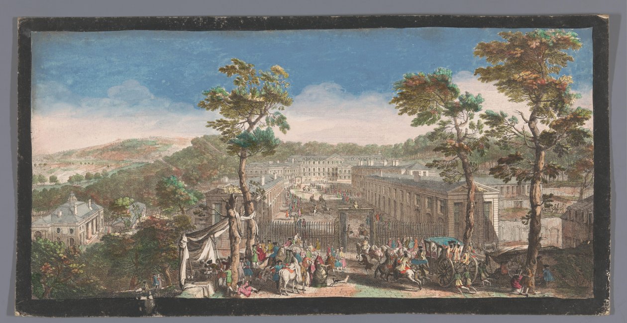 Gezicht op het Château de Saint-Cloud Kilátás a Chateau de St. Cloudra a fősugárút oldaláról a második kapunál (cím az objektumon) alkotó: Anonymous