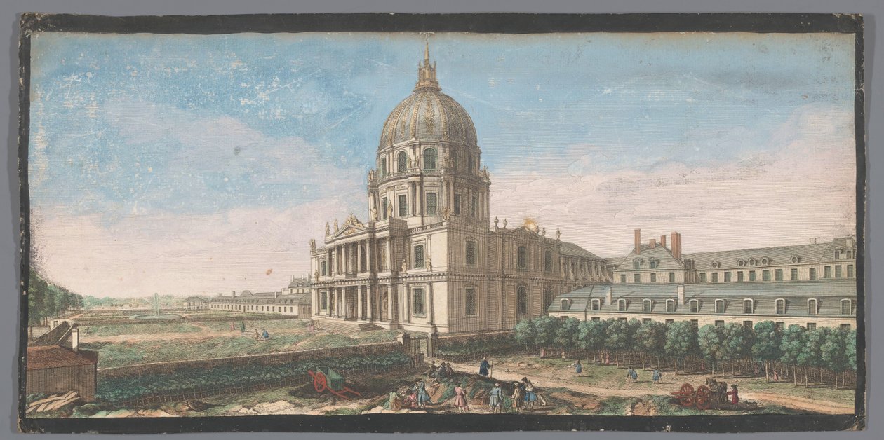 Gezicht op het Hotel des Invalides te Parijs Kilátás a templom kupolájának homlokzatára és a Hôtel Royal des Invalides épületeinek egy részére (cím a tárgyon) alkotó: Anonymous