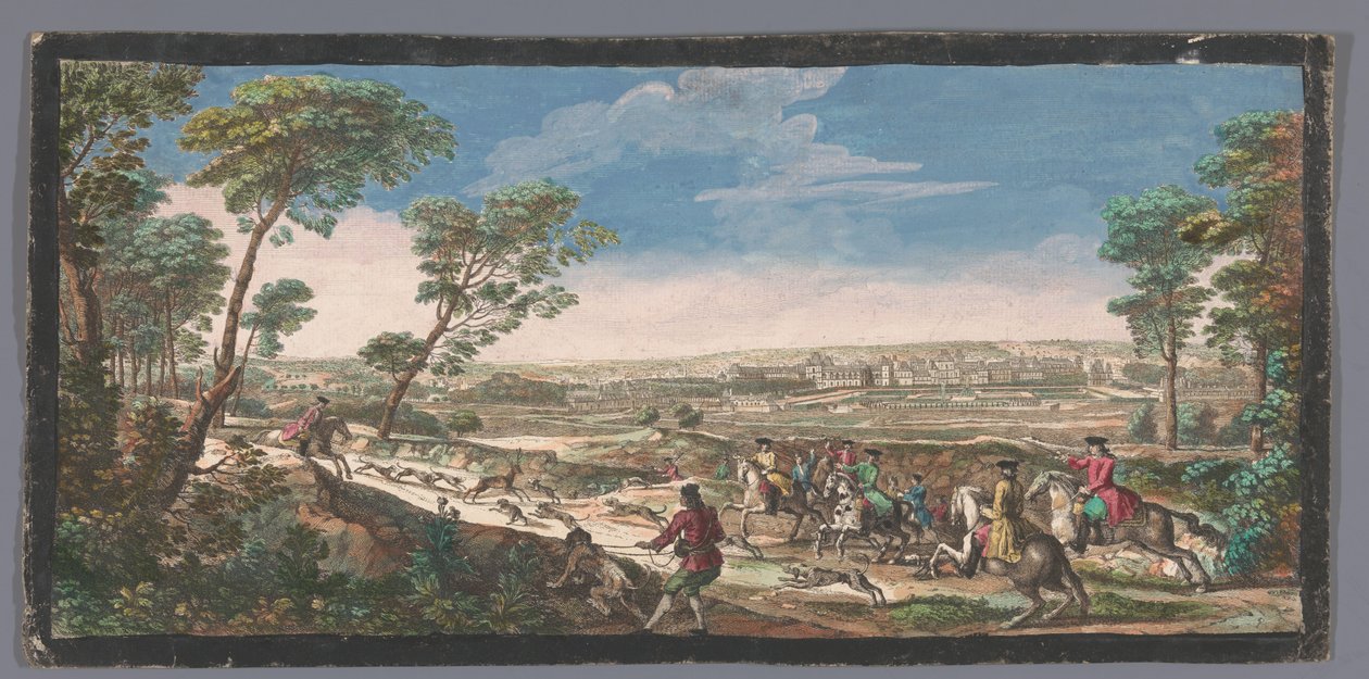 Gezicht op het Palace of Fontainebleau Fontainebleau általános képe a szemközti hegy tetejéről a parterre oldalán (cím a tárgyon) alkotó: Anonymous