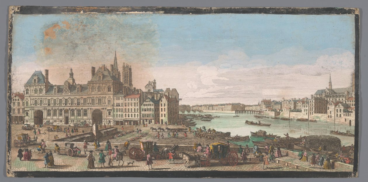 Gezicht op het Stadhuis en de rivier de Seine te Parijs Kilátás a párizsi városházára. Ahol a távolban látjuk a Pont Marie-t és a Pont de Bois-t Pont Rouge néven (cím a tárgyon) alkotó: Anonymous