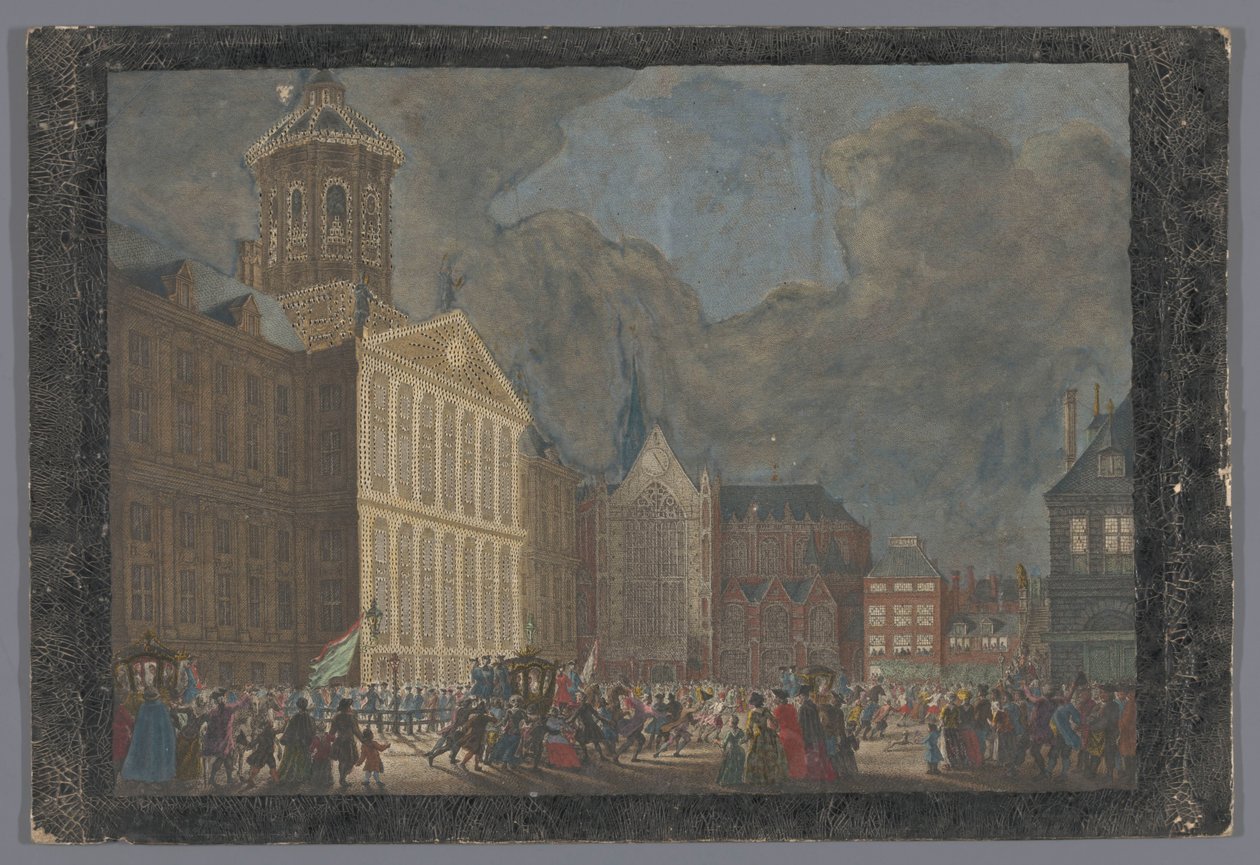 Kilátás az amszterdami városházára Willem V és Wilhelmina van Pruisen érkezésével a Dam téren 1768. május 31-én alkotó: Anonymous