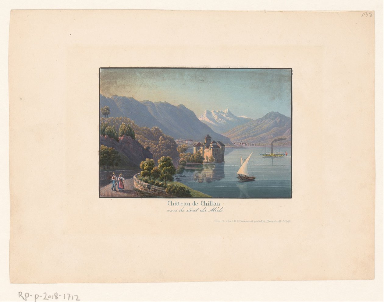 Kilátás a Chillon kastélyra Châteay de Chillon vers la dent du midi (cím a tárgyon) alkotó: Anonymous