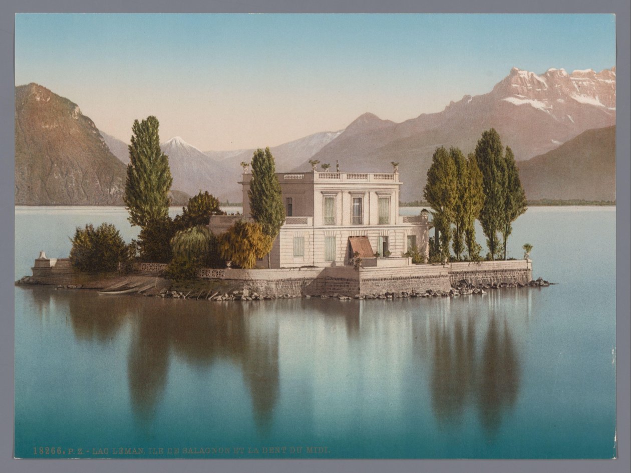 Kilátás az Île de Salagnonra a Genfi-tóban, a háttérben a Dents du Midi lac Léman, Ile de Salagnon és la Dent du Midi (cím a tárgyon) alkotó: Anonymous