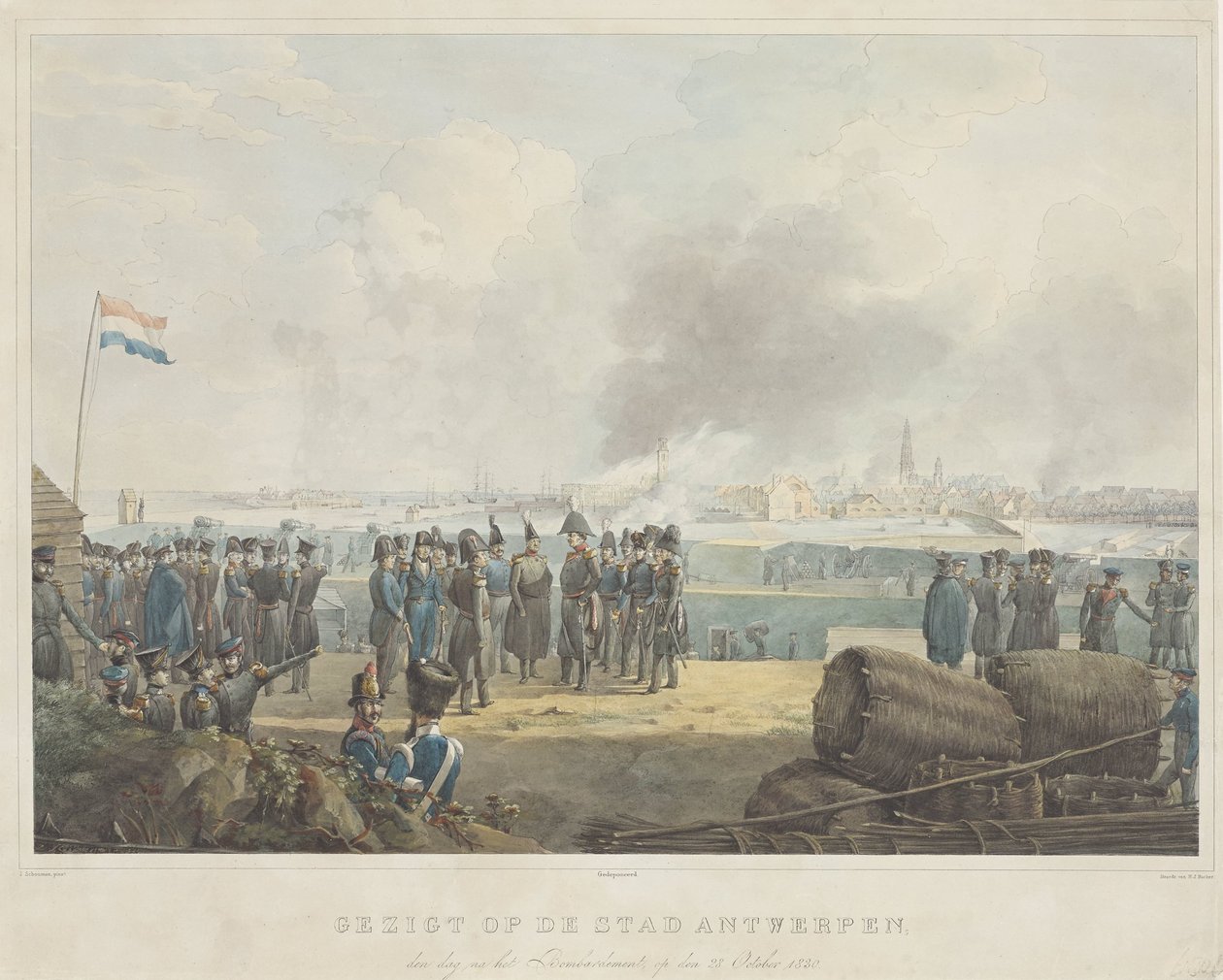 Antwerpen városának kilátása, a bombázás másnapján, 1830. október 28-án (cím a tárgyon) alkotó: Anonymous