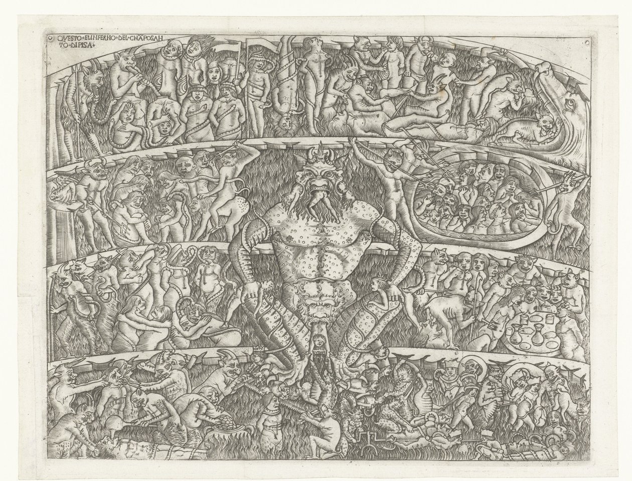 Pokol a Sátánnal és a bűnösök megbüntetése démonok által Questo el inferno del chapo santo di Pisa (cím a tárgyon) alkotó: Anonymous