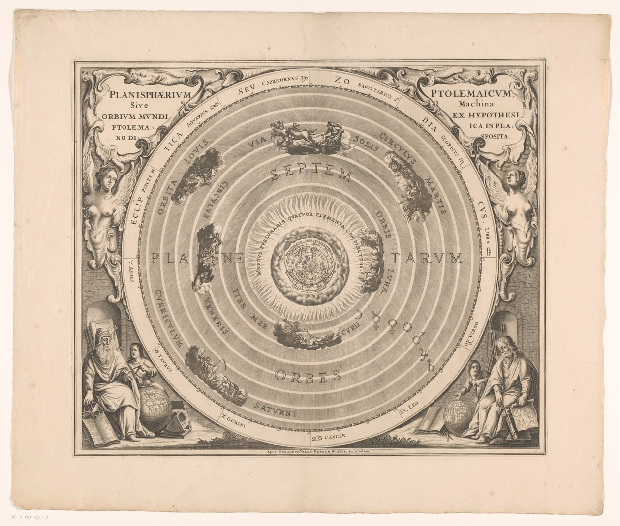 Hemelkaart van het stelsel Ptolemaiosz A Ptolemaioszi planiszféra vagy a világ földgömbjeinek gépe a hipotézisből (...) (cím a tárgyon) alkotó: Anonymous