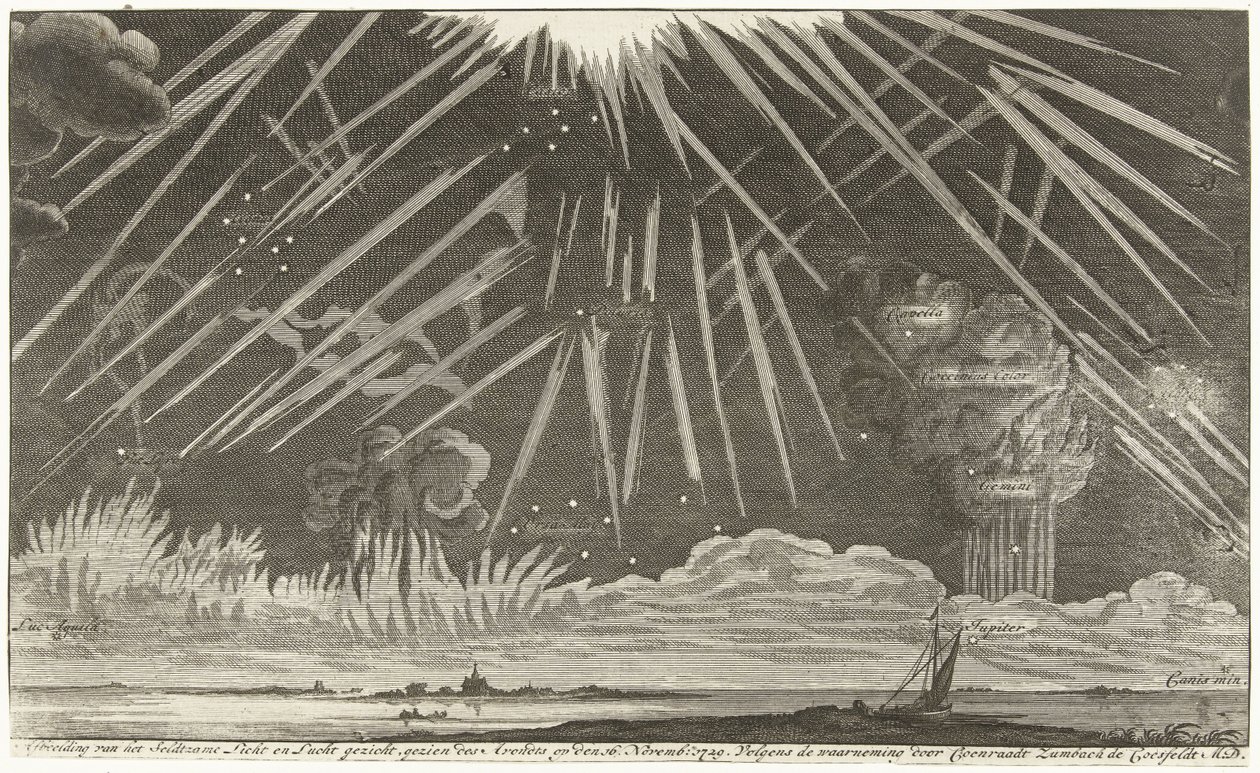 Égi jelenségek, 1729 A Seldtzame fény és égbolt képe, november 16-án este látható: 1729. Coenraadt Zumbach de Croesfeldt M.D. megfigyelése szerint. (cím a tárgyon) alkotó: Anonymous