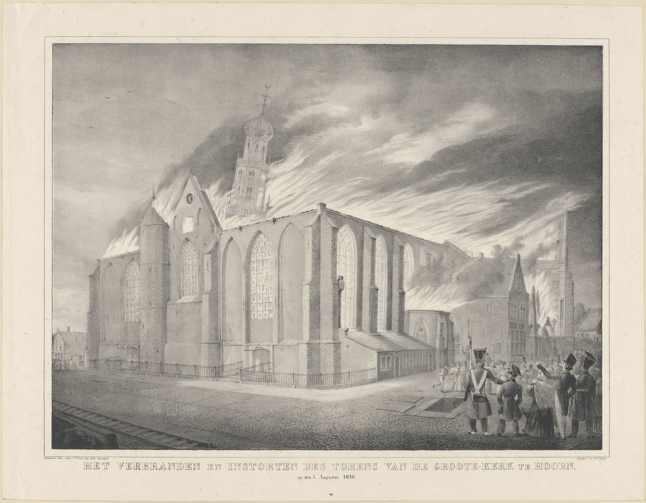 A hoorni Groote-Kerk tornyainak leégése és összeomlása, 1838. augusztus 3-án (cím a tárgyon) alkotó: Anonymous