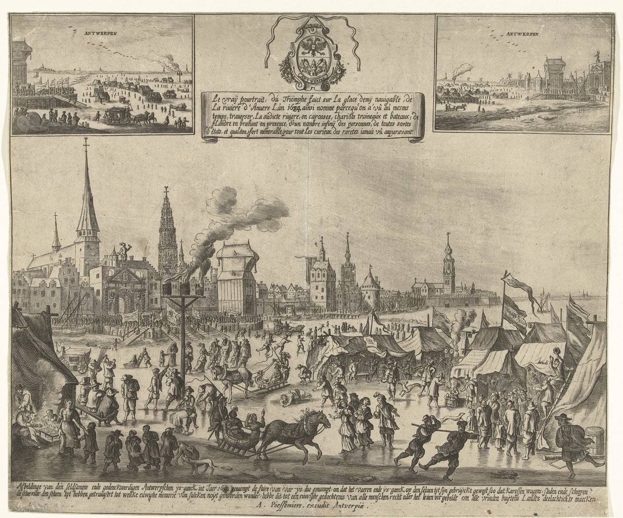 Jégszórakozás a befagyott Scheldten Antwerpenben, 1684 Le vray poutraict, du Triomphe faict sur la glace demy navigable, de la riviere d