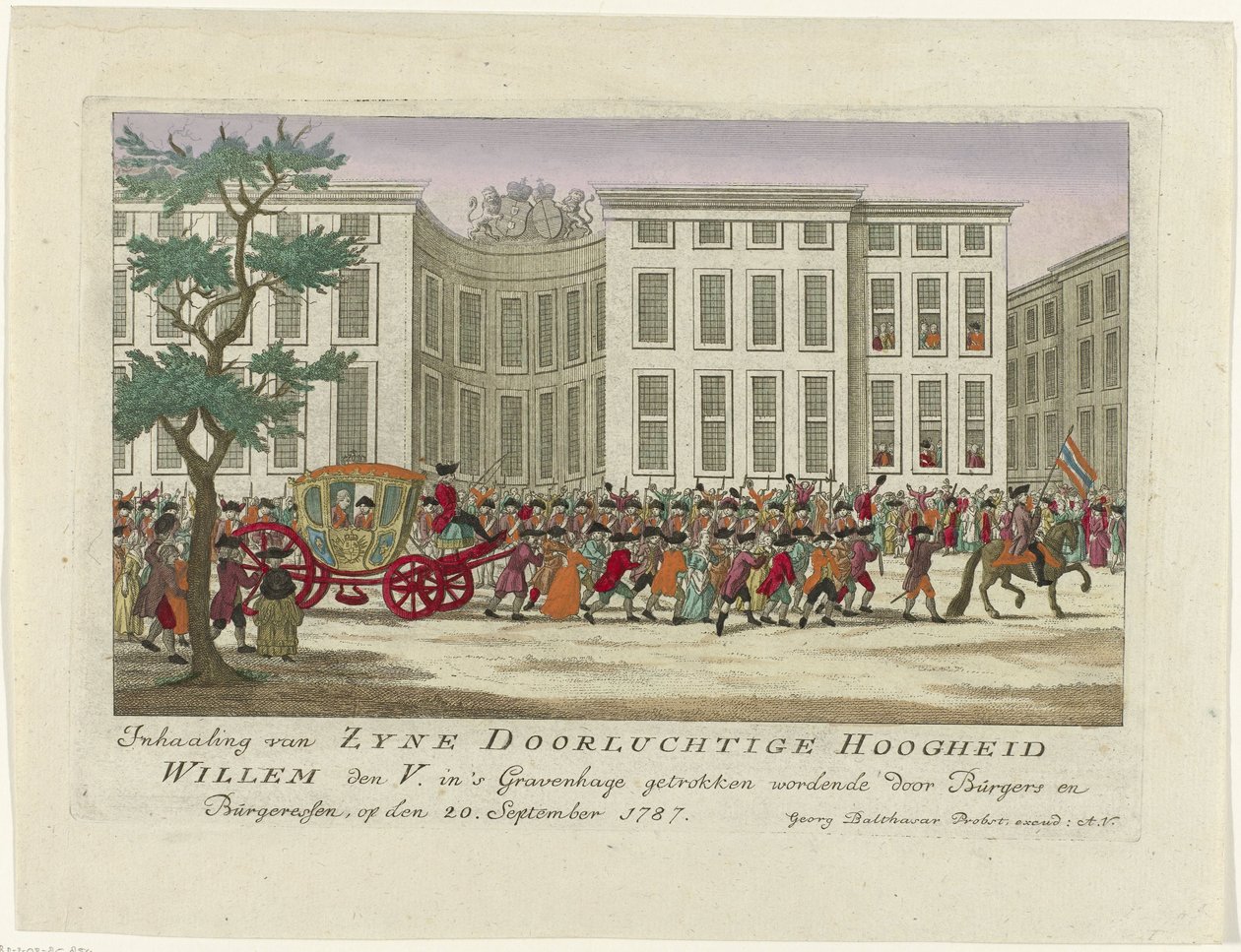 A narancssárga herceg előzése, 1787 Zyne Serene előzése Willem den V. Felség, akit Hágában rajzolt a Burgers and Burgeressen, 1787. szeptember 20-án (cím a tárgyon) Színes német nyomatok az eseményekről alkotó: Anonymous