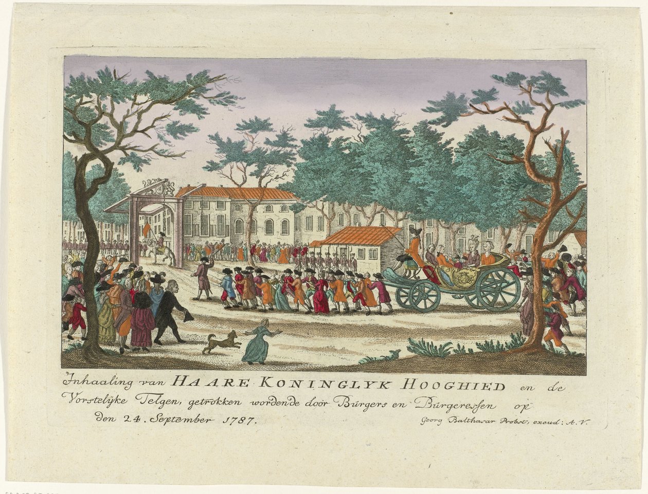 A narancssárga hercegnő és a gyerekek előzése, 1787 Haare Koninglyk Hooghied és a Royal Scions előzése, Burgers és Burgeressen rajza 1787. szeptember 24-én (cím a tárgyon) Színes német nyomatok az eseményről alkotó: Anonymous
