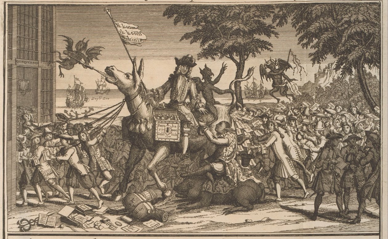 John Law Sancho Panza szamaráról, 1720 Law, mint egy második Don-Quichot, kigúnyolja Sanches Graauwtjét (cím a tárgyon) A bolondság nagy jelenete (sorozat címe) alkotó: Anonymous